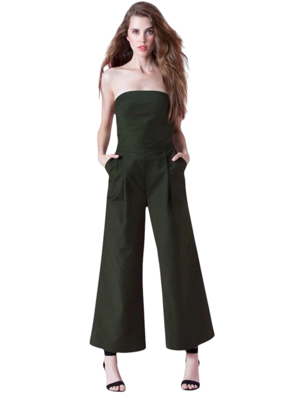 Lord & Taylor 424 Fifth Olive Green Cotton Strapless Wide Leg Crop Pantsuit (12)